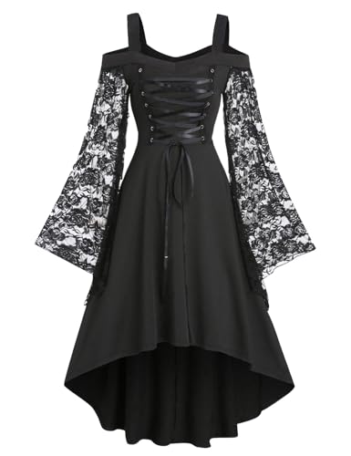 Damen Karneval Kleid Spitzenärmeln Schulterfrei Gotische Vintage Hexenkostüm Rockabilly Festliches Kleider Vampir Cosplay Halloween Kostüm Schnürung Mittelalter Cocktailkleid(Schwarz,S) von chuangminghangqi