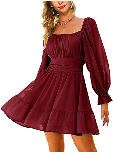 Damen Langarm Rückenfrei Rot Kleid A-Linien-Kleider Swing Kleid Rüschen Saum Kurz Rockabilly Brautjungfernkleid Elegant Chiffonkleid Sommerkleid Minikleider Cocktailkleider(Weinrot,L) von chuangminghangqi