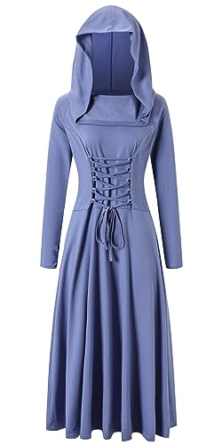 Damen Renaissance Gewand Kleid mit Kapuze und Schnürung Langarm Gothic Cosplay Robe Mittelalter Retro Langes Kleid Damenkleid für Themenpartys Cosplay Halloween Karneval(L,Indigo) von chuangminghangqi