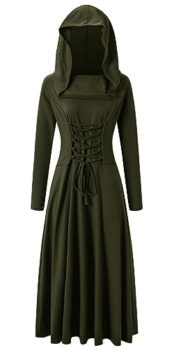 Damen Renaissance Gewand Kleid mit Kapuze und Schnürung Langarm Gothic Grün Cosplay Robe Mittelalter Retro Langes Kleid Damenkleid für Themenpartys Cosplay Halloween Karneval(L,Grün) von chuangminghangqi