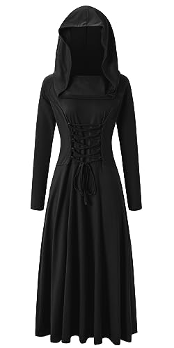 Damen Renaissance Gewand Kleid mit Kapuze und Schnürung Langarm Gothic Schwarz Cosplay Robe Mittelalter Retro Langes Kleid Damenkleid für Themenpartys Cosplay Halloween Karneval(L,Schwarz) von chuangminghangqi