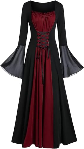 Damen Retro Schnürung Gothic Kleid Langarm Renaissance Kostüm Mittelalter Kontrastfarben Patchwork Langes Steampunk Cocktailkleid Halloween Kostüme Partykleider Piratenkleid Faschingkostüm(Weinrot,M) von chuangminghangqi