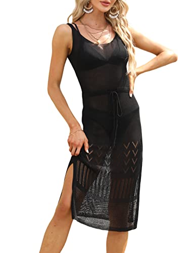 Damen Schwarzes Rückenfrei Ärmellos Gehäkelte Boho Kleid mit Kordelzug Sexy Rundhals Strick-Strandkleid Sommer Cutout Bikini Cover ups Strandkleidchen Beachwear Curvy Strickkleid(Schwarzes,L) von chuangminghangqi