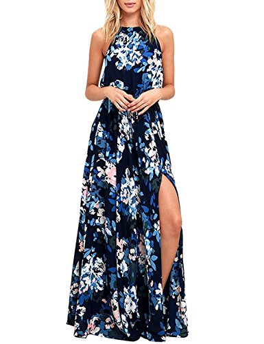 chuangminghangqi Damen Sommerkleid Lang Rückfrei Maxikleid Vintage Neckhalter Abend Party Kleid Cocktail Elegant (L, Blau) von chuangminghangqi