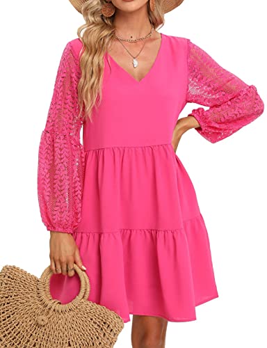 Damen Spitzen Laterne LangarmÄrmel Swing Kleid mit Taschen V-Ausschnitt A-Linie Freizeitkleid Rosa Elegantes Kleider Damen festlich Ballkleid Sommerkleid(S,Rosa) von chuangminghangqi