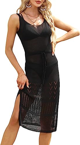 Damen Strick-Trikot-Überwurf, Strandkleid, lang, Haken, Strandpareo, rückenfrei, Bikini, Cover Up Beachwear, Kleid, sexy Deckenkleid mit Kordelzug, Schwarz , M von chuangminghangqi