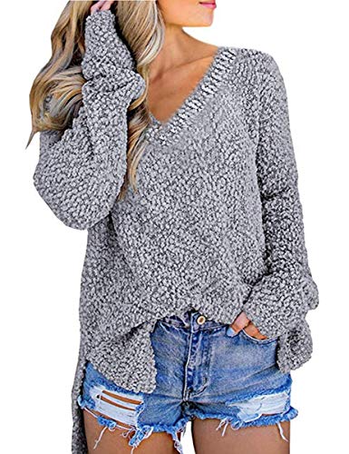 Damen Strickpullover V-Ausschnitt Langarm Pullover Strickpulli Loose Pulli Oberteile Tops Unregelmäßiger Saum Sweater (Grau, L) von chuangminghangqi