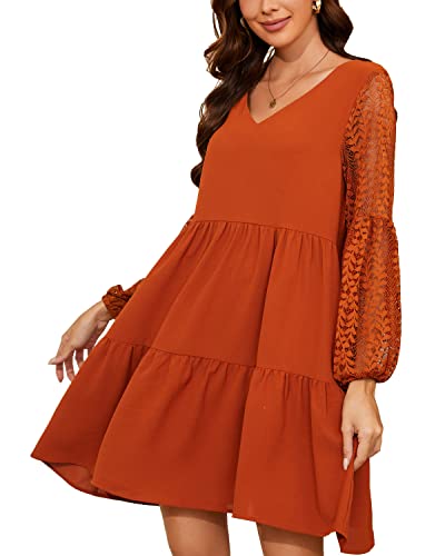 Damen Tunika Kleid mit Taschen Sommer V-Ausschnitt Locker Fließendes Swing Shift Kleider Elegant Spleißkleid mit Spitze Laternenärmeln A-Linie Rüschenkleid(XXL,Karamellfarbe) von chuangminghangqi