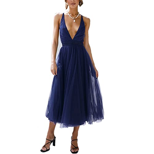 Damen V-Ausschnitt Netzkleid Hochzeit Brautjungfernkleider Sexy rückenfreies Maxi fließendes Kleid mit hoher Taille Swing Abendkleid(Dunkelblau,L) von chuangminghangqi