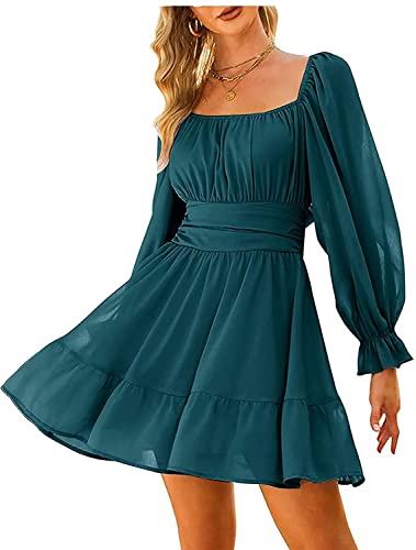 Damen Langarm Rückenfrei Grün Swing Kleid A-Linien-Kleider Rüschen Saum Kurz Rockabilly Brautjungfernkleid Elegant Chiffonkleid Sommerkleid Minikleider Cocktailkleider(Dunkelgrün,M) von chuangminghangqi