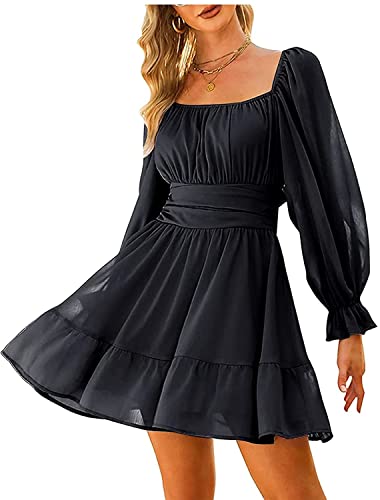 Damen Langarm Rückenfrei Schwarzes Swing Kleid A-Linien-Kleider Rüschen Saum Kurz Rockabilly Brautjungfernkleid Elegant Chiffonkleid Sommerkleid Cocktailkleider Minikleider(Schwarz,L) von chuangminghangqi