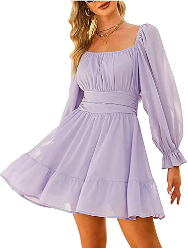 Damen Laterne Langarm Rückenfrei Violett Chiffonkleid Swing Kleid Rüschen Saum Kurz Rockabilly Brautjungfernkleid Elegant Sommerkleid Minikleider Cocktailkleider(Violett,M) von chuangminghangqi