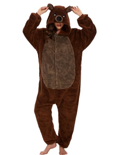 Einteiliger Schlafanzug Damen Lang Winter Einteiler Tierkostüm Erwachsene Kostüm Jumpsuit Damen Kuschelig Pyjama Fleece Onesie Kleidung Mit Kapuze und Reißverschluss (Braunbär-7126, XL) von chuangminghangqi