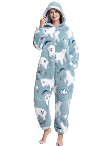 Einteiliger Schlafanzug Damen Lang Winter Einteiler Tierkostüm Erwachsene Kostüm Jumpsuit Damen Kuschelig Pyjama Fleece Onesie Kleidung Mit Kapuze und Reißverschluss (Eisbär-3016, XS) von chuangminghangqi