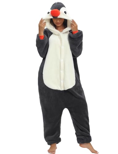 Einteiliger Schlafanzug Damen Lang Winter Einteiler Tierkostüm Erwachsene Kostüm Jumpsuit Damen Kuschelig Pyjama Fleece Onesie Kleidung Mit Kapuze und Reißverschluss (Grauer Pinguin-7131, L) von chuangminghangqi