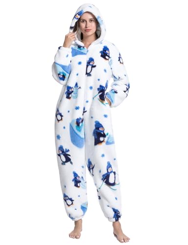 Einteiliger Schlafanzug Damen Lang Winter Einteiler Tierkostüm Erwachsene Kostüm Jumpsuit Damen Kuschelig Pyjama Fleece Onesie Kleidung Mit Kapuze und Reißverschluss (Pinguin-3016, XL) von chuangminghangqi