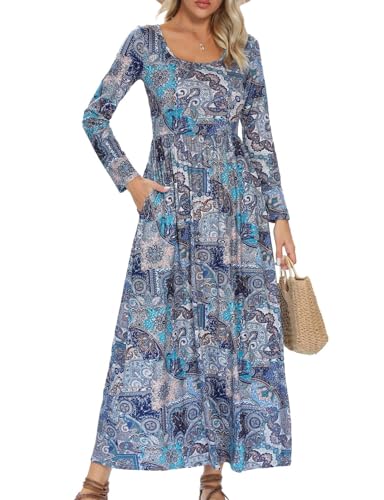 Elegantes Curvy Maxikleider Damen Lang mit Taschen Blumenkleid Rundhals Boho Kleid mit Elastischer Taille Langarm A-Linie Freizeitkleid Festliche Kleider Partykleid Jerseykleider(Blaudruck,L) von chuangminghangqi