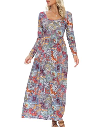 Elegantes Curvy Maxikleider Damen Lang mit Taschen Blumenkleid Rundhals Boho Kleid mit Elastischer Taille Langarm A-Linie Freizeitkleid Festliche Kleider Partykleid Jerseykleider(Mehrfarbig,L) von chuangminghangqi