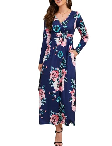 Elegantes Curvy Maxikleider Damen Lang mit Taschen Blumenkleid V-Ausschnitt Boho Kleid mit Empire-Taille Langarm A-Linie Freizeitkleid Festliche Kleider Partykleid Jerseykleider(Marineblau,L) von chuangminghangqi