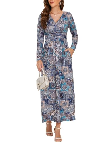 Elegantes Kleid Damen Festlich Lang mit Taschen Blumenkleid Langarm Abschlusskleider Curvy XXL Maxikleid Umstandskleid Partykleid Große Größen A-Linie Herbstkleid Freizeitkleider(Blaudruck,XXL) von chuangminghangqi