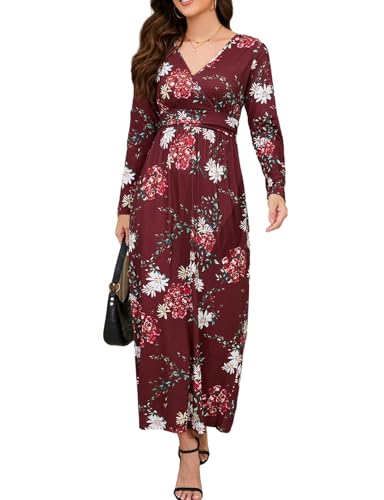 Elegantes Kleid Damen Festlich Lang mit Taschen Blumenkleid Langarm Abschlusskleider Curvy XXL Maxikleid Umstandskleid Partykleid Große Größen A-Linie Herbstkleid Freizeitkleider(Dunkelrot,XXL) von chuangminghangqi