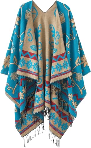 chuangminghangqi Festlicher Offenen Elegant Damen Poncho Cape Übergröße mit Reversibler Design Vielseitige Warm Decke Fransenponcho Weihnachtsgeschenkidee Perfekt für Frühling,Herbst und Winter(Blau) von chuangminghangqi
