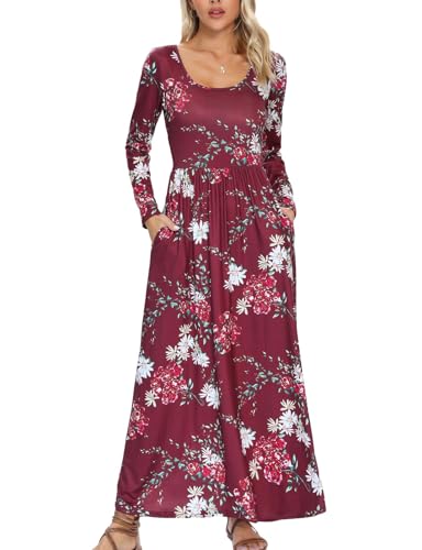 Frauen Langarm Blumenkleid Lang A-Linie Curvy Kleider Damen Festlich mit Taschen Boho Kleid Cocktailkleid Elegant Abendkleider Partykleid Umstandskleid Alle Jahreszeiten Jerseykleid(Dunkelrot,XL) von chuangminghangqi