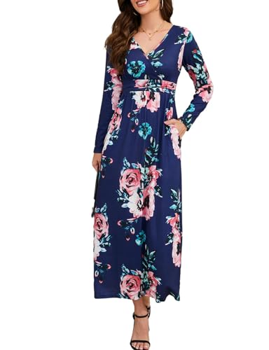 Frauen Langarm Blumenkleid Lang mit Empire-Taille Curvy Wickelkleid Damen Festlich mit Taschen Cocktailkleid Elegant Abendkleider Umstandskleid Alle Jahreszeiten Jerseykleid(Marineblau,XL) von chuangminghangqi