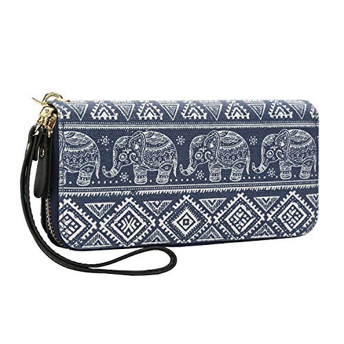 chuangminghangqi Geldbörse Damen groß viele Fächer Canvas Geldbeutel Elefant Portemonnaie mit Reißverschlüsse (Blau-2) von chuangminghangqi
