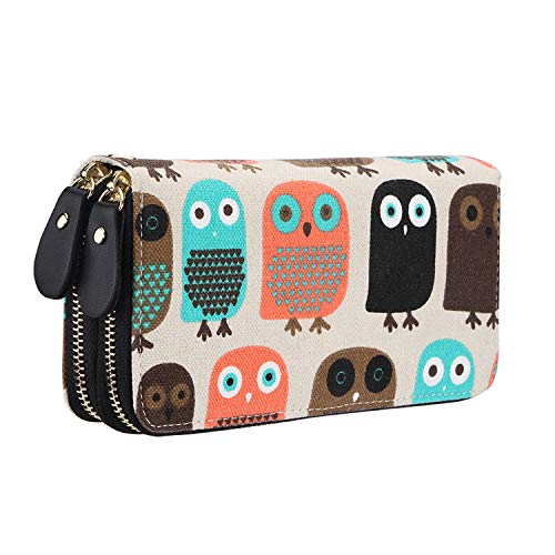 chuangminghangqi Geldbörse Damen groß viele Fächer Canvas Geldbeutel Eule Portemonnaie mit Reißverschlüsse (Eule) von chuangminghangqi