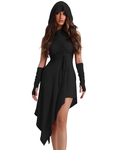 Halloween Gothic Kleid mit Kapuze Mittelalte Ritter Kostüm mit Unregelmäßiger Saum Halb-Offene Ärmel Punk Kostüme Rockabilly Kleider mit Vorderem Brustzugband Faschingskostüm Damen(Schwarz,S) von chuangminghangqi