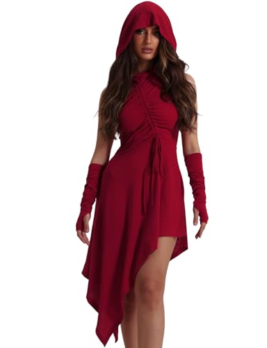 Halloween Gothic Kleid mit Kapuze Mittelalte Ritter Kostüm mit Unregelmäßiger Saum Halb-Offene Ärmel Punk Kostüme Rockabilly Kleider mit vorderem Brustzugband Faschingskostüm Damen(Weinrot,S) von chuangminghangqi