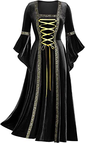 Halloween Kostüm Damen Kleider Hexenkostüm 80er Jahre Mittelalter Kleidung für Frauen Goldener Samt Trompetenärmel Retro Kostüm Renaissance Kleid Partykleid Vintage Clothes(Large,Schwarz) von chuangminghangqi