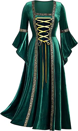 Halloween Kostüm Damen Kleider Hexenkostüm 80er Jahre Mittelalter Kleidung für Frauen Goldener Samt Trompetenärmel Retro Kostüm Renaissance Kleid Partykleid Vintage Clothes(XX-Large,Grün) von chuangminghangqi