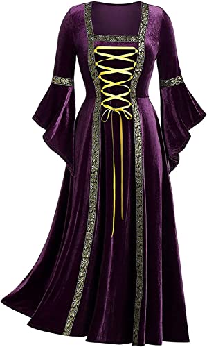 Halloween Kostüm Damen Kleider Hexenkostüm 80er Jahre Mittelalter Kleidung für Frauen Goldener Samt Trompetenärmel Retro Kostüm Renaissance Kleid Partykleid Vintage Clothes(XX-Large,Lila) von chuangminghangqi