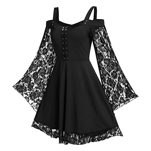 Halloween Schwarz Kleid mit Spitze und Trompetenärmeln Gothic Opernkleid Rockabilly Kleider für Kostümball und Teeparty Damen Karnevalskostüm Schulterfrei Cocktailkleider Punk Kostüme(Schwarz,M) von chuangminghangqi