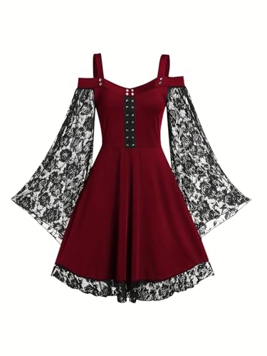 Halloween Weinrot Kleid mit Spitze und Trompetenärmeln Gothic Opernkleid Rockabilly Kleider für Kostümball und Teeparty Damen Karnevalskostüm Schulterfrei Cocktailkleider Punk Kostüme(Weinrot,S) von chuangminghangqi