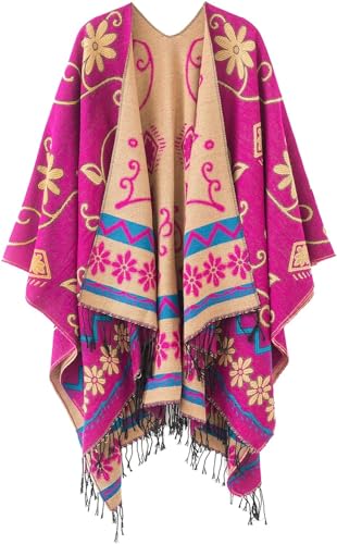 Herbst Winddichte Wrap Decke Open Front Strick Mantel Übergröße Fransenponcho Vielseitige Warm Offenen Wintermantel Tragbare Poncho Decken Geschenk für Geburtstag Weihnachten(Rosa) von chuangminghangqi