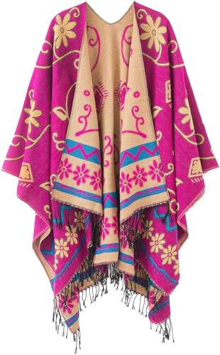 chuangminghangqi Herbst Winddichte Wrap Decke Open Front Strick Mantel Übergröße Fransenponcho Vielseitige Warm Offenen Wintermantel Tragbare Poncho Decken Geschenk für Geburtstag Weihnachten(Rosa) von chuangminghangqi