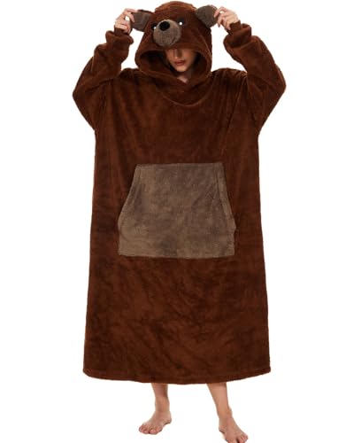 Kuscheldecke mit Ärmeln Oversized Pullover Damen Riesige Fronttasche Plüsch Tragbare Decke Verlängert Übergroße Decken Hoodie Warme Schlafanzug karneval Karneval Bärenkostüm(Einheitsgröße,Braunbär) von chuangminghangqi