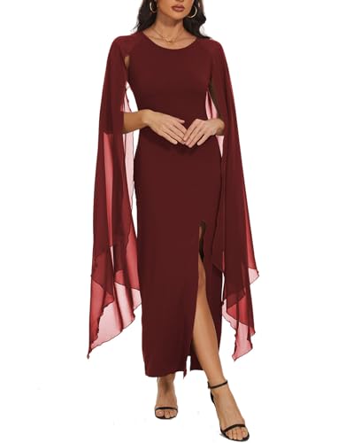 Kleid Hochzeitsgast Damen mit Chiffon Flügelärmel Rundhalsausschnitt Cocktailkleid Curvy Festliche Kleider mit Frontschlitz Lange Abendkleider Elegant für Hochzeit Partykleid Maxikleid(Weinrot,L) von chuangminghangqi