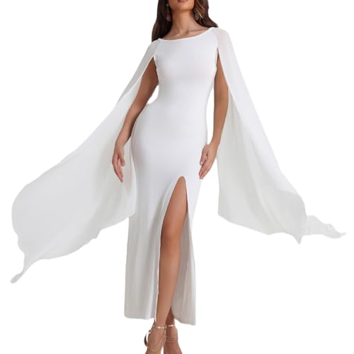 Kleid Hochzeitsgast Damen mit Chiffon Flügelärmel Rundhalsausschnitt Cocktailkleid Curvy Festliche Kleider mit Hohem Frontschlitz Lange Abendkleider Elegant für Hochzeit Maxikleid(Weiß,L) von chuangminghangqi