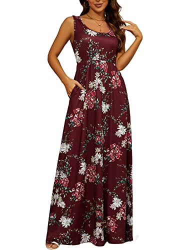 Maxikleid Damen Sommer mit Taschen Blumenkleid Rundhalsausschnitt Boho Kleid mit Hoher Taille Sommerkleid Damen Lang A-Linie Umstandskleid(Dunkelrot,M) von chuangminghangqi