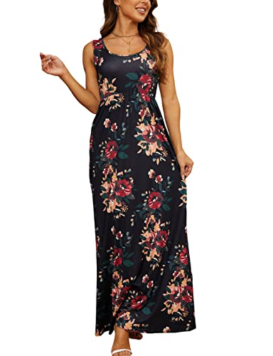 Maxikleid Damen Sommer mit Taschen Blumenkleid Rundhalsausschnitt Boho Kleid mit hoher Taille Sommerkleid Damen Lang A-Linie Ärmelloses Umstandskleid(Schwarz,M) von chuangminghangqi