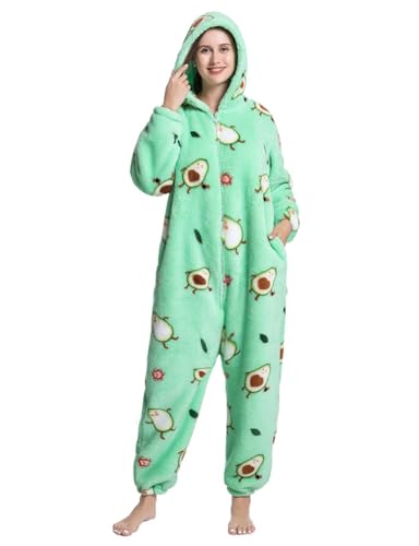 Onesie für Erwachsene Herren Overall Schlafanzug Praktischer Reißverschluss Kuscheloverall Damen Flauschig Teamkleidung Pyjama Winter Einteiler Jumpsuit Fasching Mit Kapuze(Avocado,XL) von chuangminghangqi