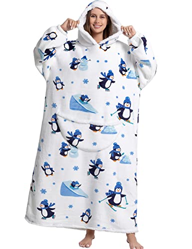 Oversized Pullover Winterdecke Damen Riesige Fronttasche Plüsch Tragbare Decke mit Ärmeln Verlängert Übergroße Decken Hoodie Warme Schlafanzug Kuscheldecke Geschenk(Erwachsene, Pinguin) von chuangminghangqi
