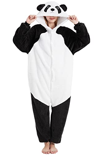 Pelziger Tier Overall Gemütlicher Erwachsene Einteiler Schlafanzug Winteranzug mit Knopfleiste Panda Kostüme Damen Fasching Kostüm Herren Ganzkörper Pyjama Mit Kapuze(Panda,XS) von chuangminghangqi
