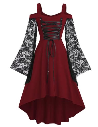 Retro Gothic Punk Cocktailkleid Damen Plus Size mit Spitzeärmeln Mittelalterliches Feenkleid Fastnachtskostüm für Kostümball und Halloween Weinrot Rockabilly Festliche Kleider(Weinrot,L) von chuangminghangqi