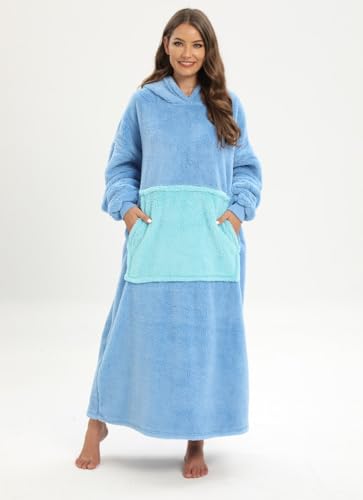 Tragbare Hoodie Decke mit Taschen Oversized Pullover Damen Riesige Fronttasche Kuscheldecke mit Ärmeln Verlängert Übergroße Deckenpulli Warme Schlafanzug Kostüm Herren Fasching (Einheitsgröße,Blau) von chuangminghangqi
