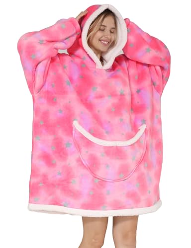 Kuscheldecke mit Ärmeln Oversized Pullover Damen Riesige Fronttasche Tragbare Decke Hoodie Warme Schlafanzug Hausanzug Geschenk für Frauen Deckenpullover für Camping(Rosa Farbverlauf) von chuangminghangqi